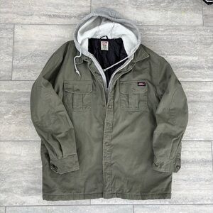 Dickies Men’s Green Duck Hooded Shirt Jacket XL 46-48 Elbow Patches Gorpcore